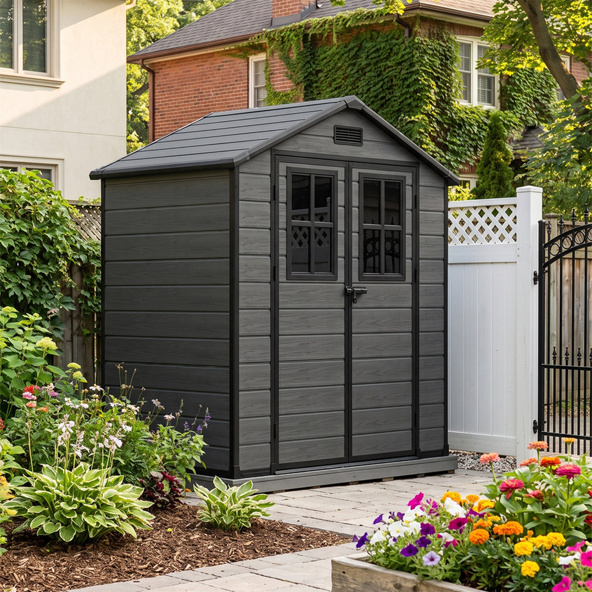 6 x 4 ft Plastic Garden Shed with Apex Roof & Lockable Double Doors