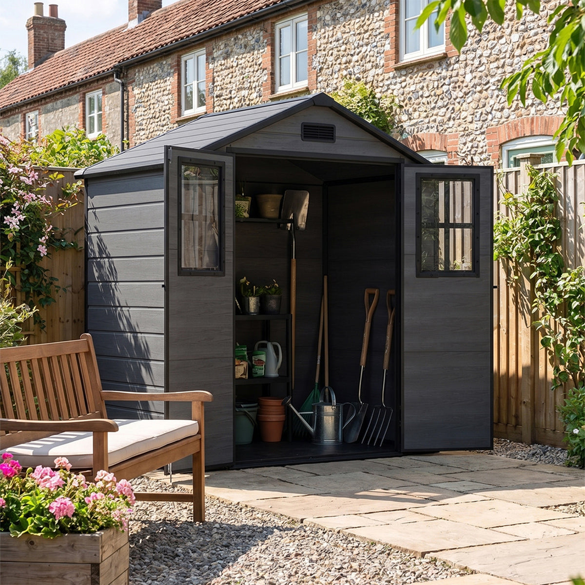 6 x 4 ft Plastic Garden Shed with Apex Roof & Lockable Double Doors
