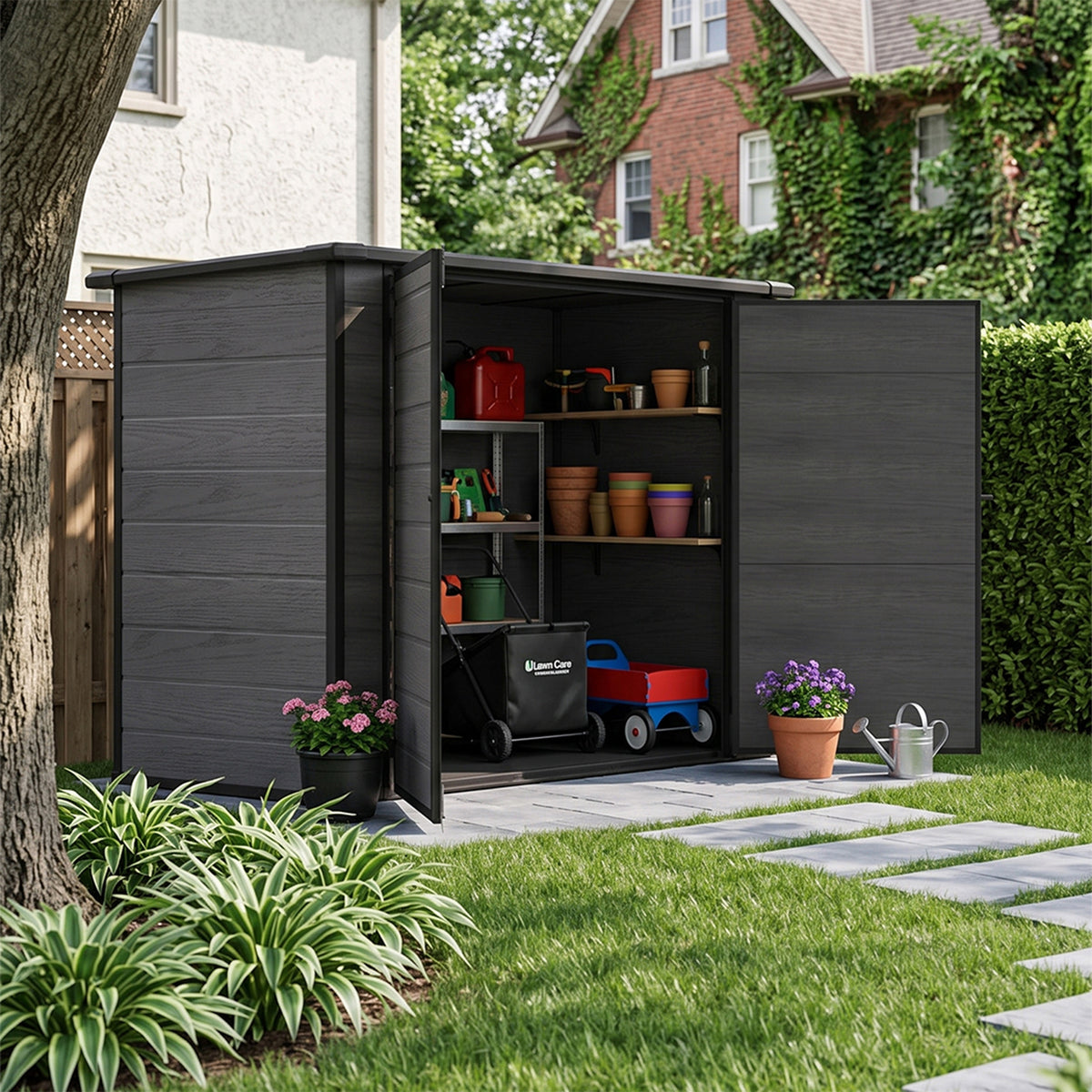 7 x 4 ft Outdoor Plastic Bike Storage Shed with Pent Roof & Double Doors