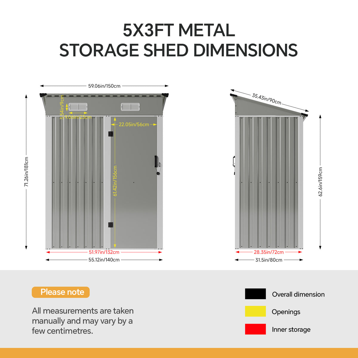 5 x 3 ft Metal Garden Storage Shed with Pent Roof & Lockable Door