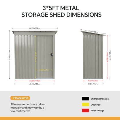 5 x 3 ft Metal Garden Storage Shed with Pent Roof & Lockable Door