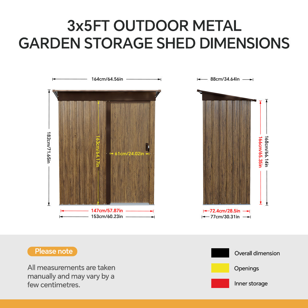 5 x 3 ft Metal Garden Storage Shed with Pent Roof & Lockable Door