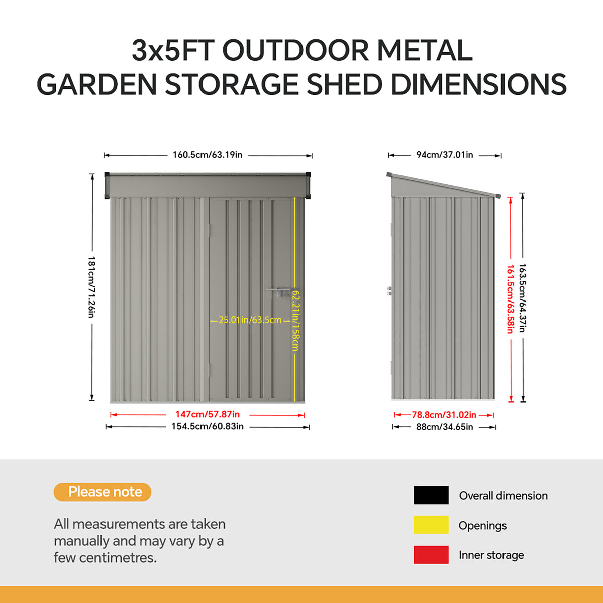 5 x 3 ft Metal Garden Storage Shed with Pent Roof & Padlockable Door