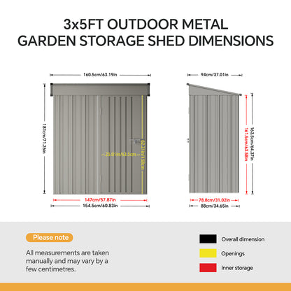 5 x 3 ft Metal Garden Storage Shed with Pent Roof & Padlockable Door
