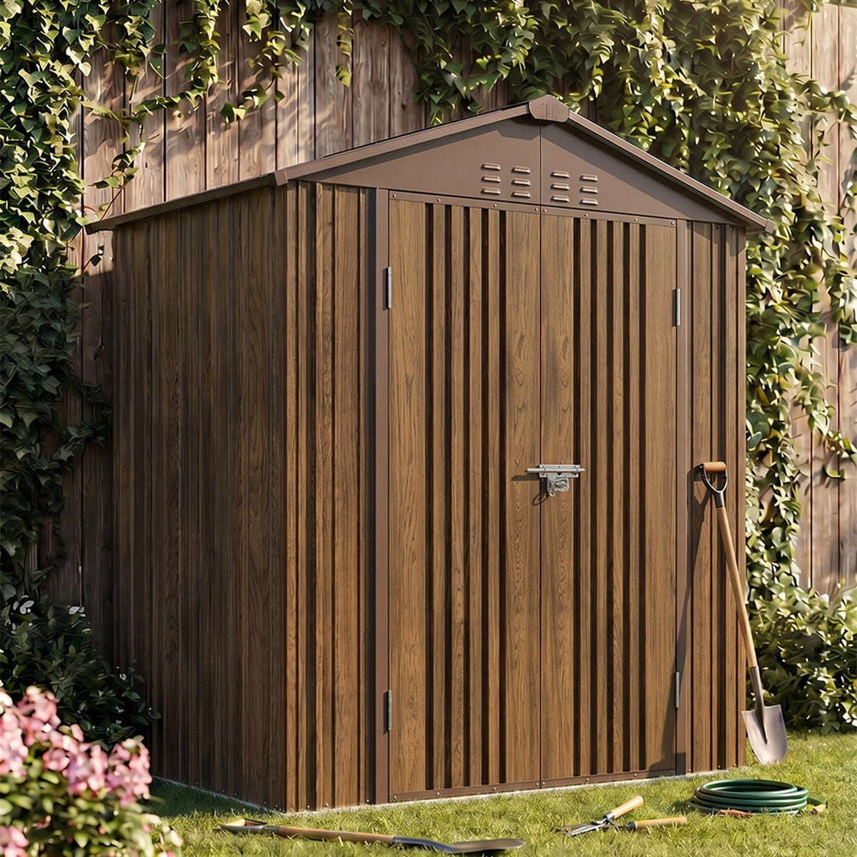 6 x 4 ft Metal Garden Storage Shed with Apex Roof & Lockable Double Doors