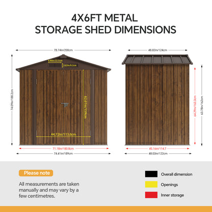 6 x 4 ft Metal Garden Storage Shed with Apex Roof & Lockable Double Doors