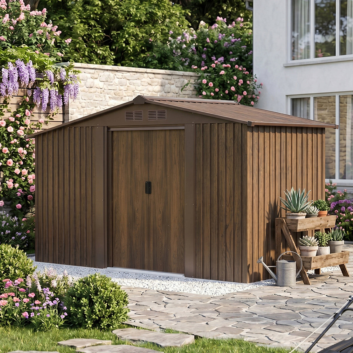 8 x 4 ft Metal Garden Storage Shed with Integrated Log Store & Apex Roof