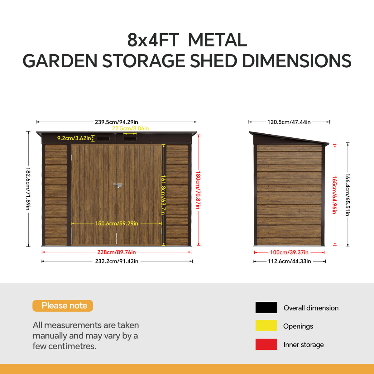 8 x 4 ft Metal Garden Storage Shed with Pent Roof & Padlockable Double Doors