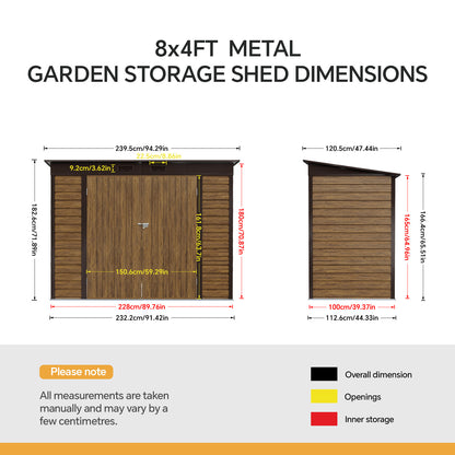 8 x 4 ft Metal Garden Storage Shed with Pent Roof & Padlockable Double Doors