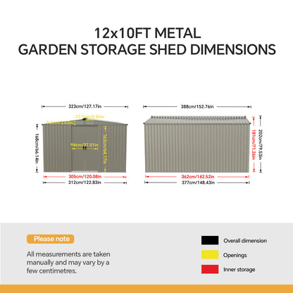10 x 12 ft Metal Garden Storage Shed with Apex Roof & Double Sliding Doors