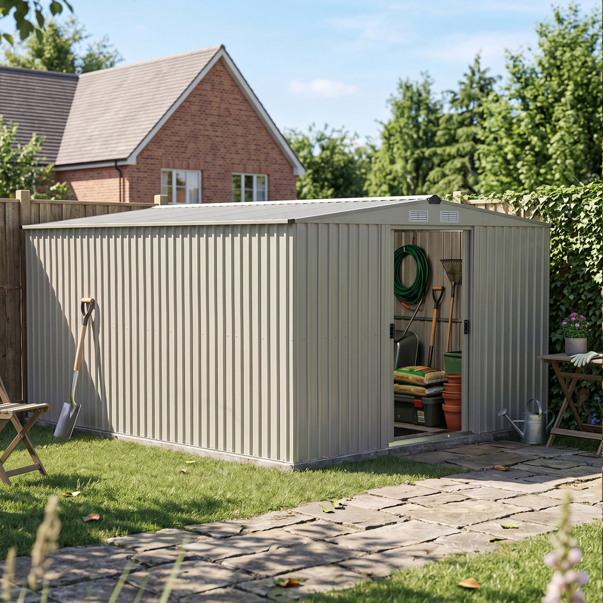 10 x 12 ft Metal Garden Storage Shed with Apex Roof & Double Sliding Doors