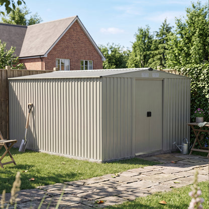 10 x 12 ft Metal Garden Storage Shed with Apex Roof & Double Sliding Doors