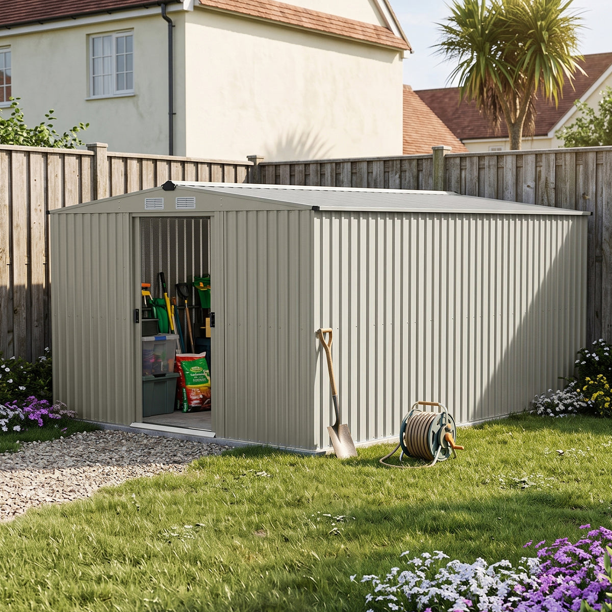 10 x 12 ft Metal Garden Storage Shed with Apex Roof & Double Sliding Doors