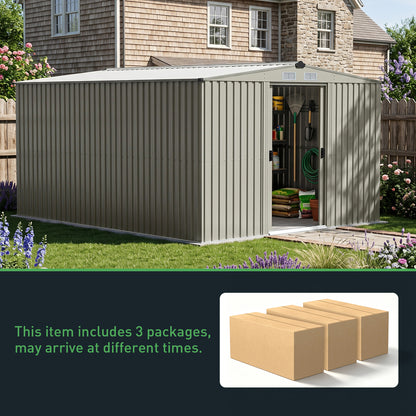 10 x 12 ft Metal Garden Storage Shed with Apex Roof & Double Sliding Doors