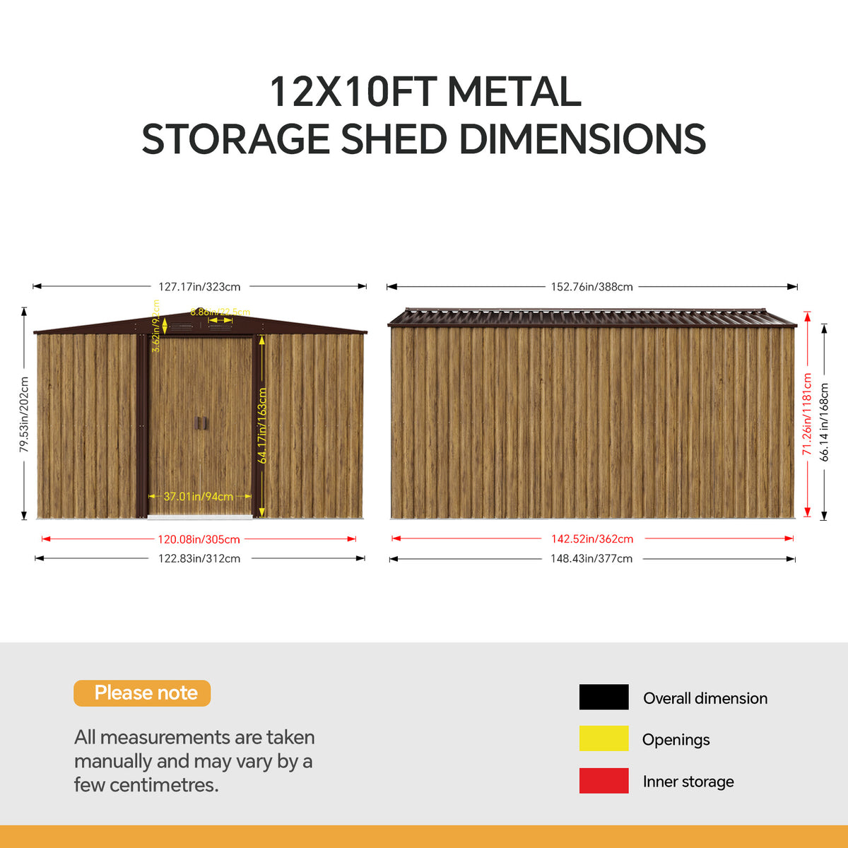 10 x 12 ft Metal Garden Storage Shed with Apex Roof & Sliding Door