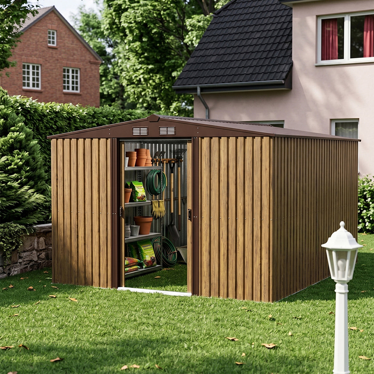 10 x 12 ft Metal Garden Storage Shed with Apex Roof & Sliding Door