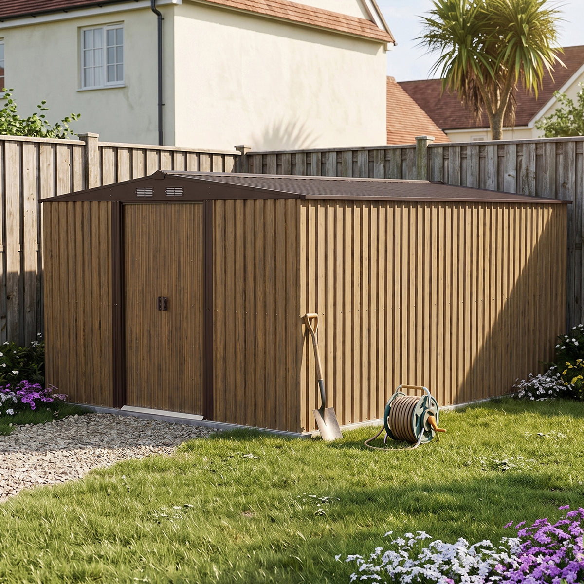 10 x 12 ft Metal Garden Storage Shed with Apex Roof & Sliding Door
