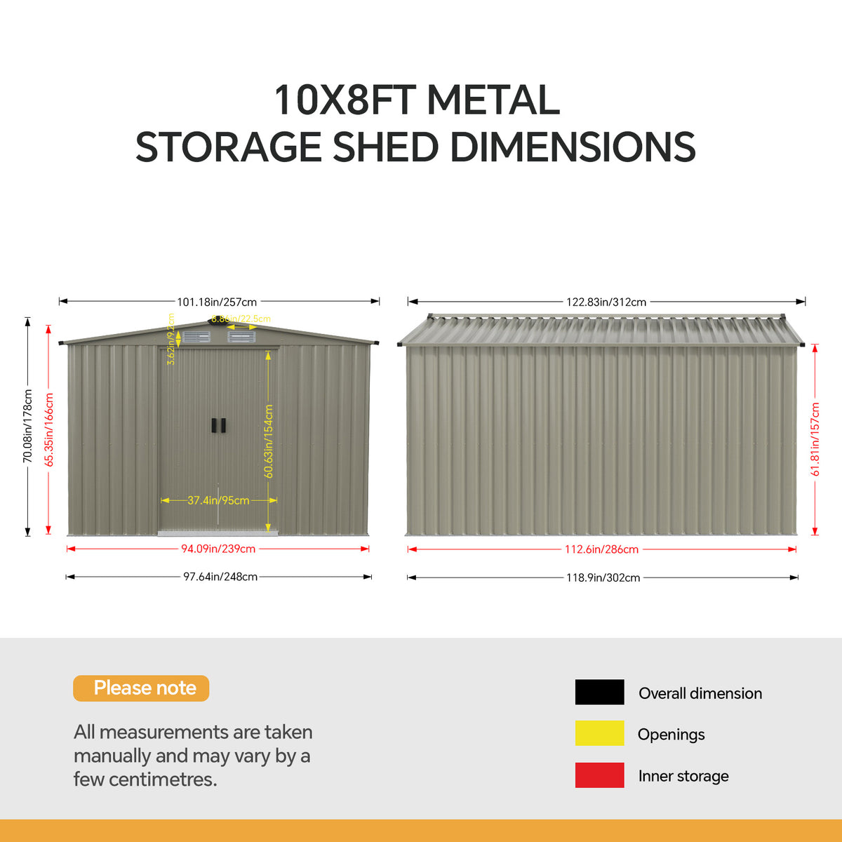 8 x 10 ft Metal Garden Storage Shed with Apex Roof