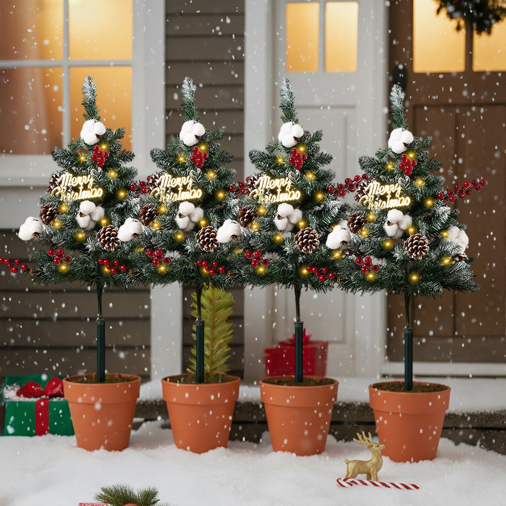 Set of 4 Solar-Powered Artificial Christmas Tree Decorations with String Light