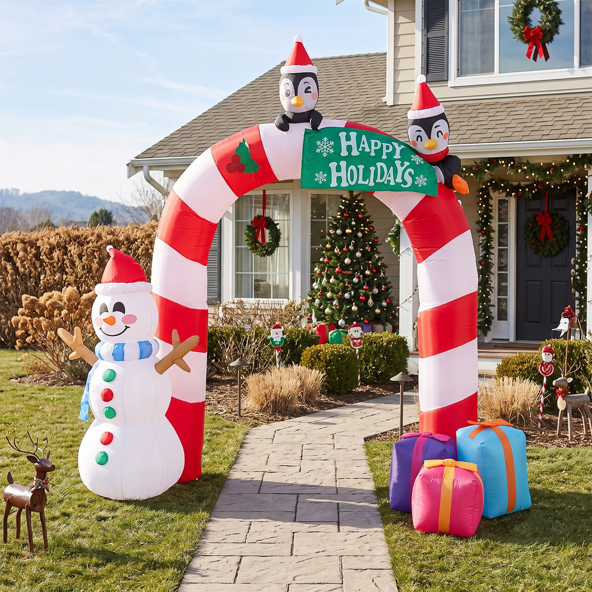 Christmas Candy Arch Inflatable with LED Lights & Festive Characters