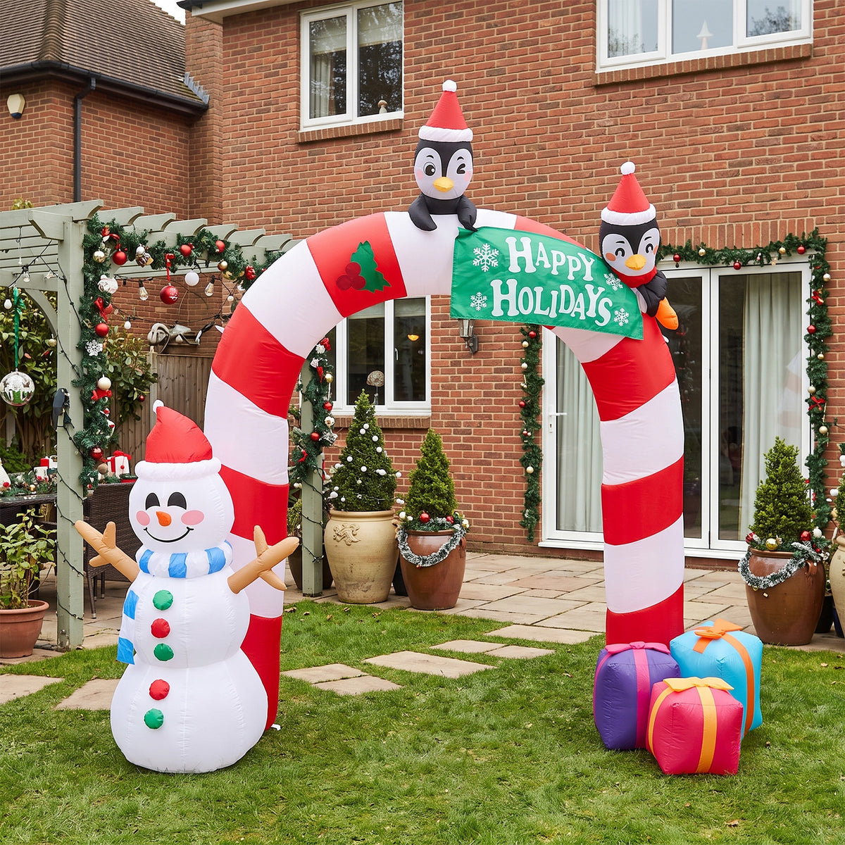 Christmas Candy Arch Inflatable with LED Lights & Festive Characters