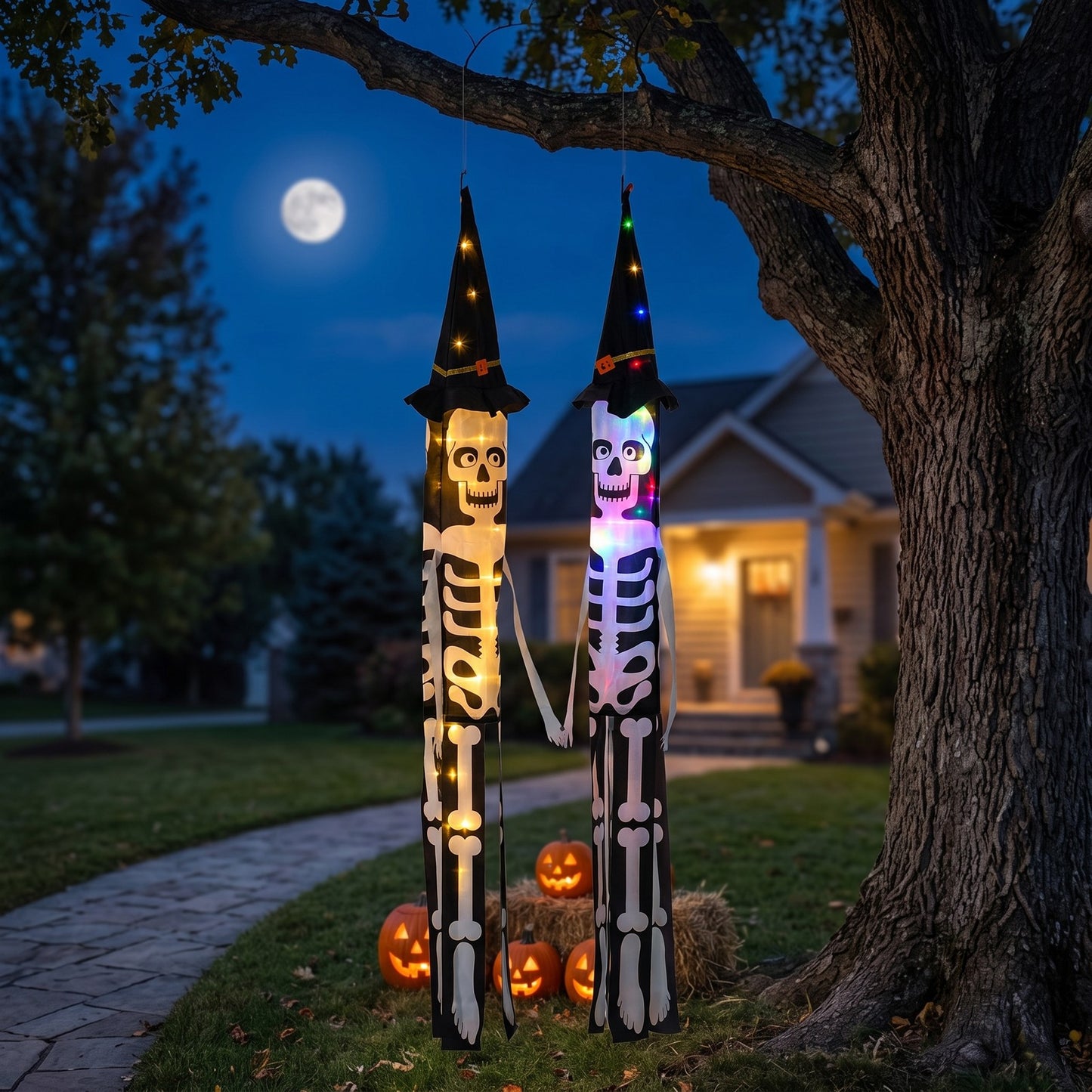 2 PCS Halloween Skeleton Windsocks with Led Lights