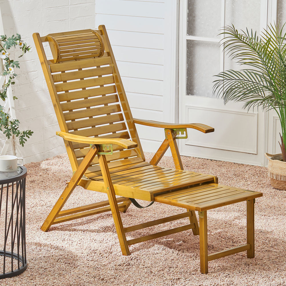 Bamboo Wood Foldable Recliner Lounge Chair Retractable Footrest