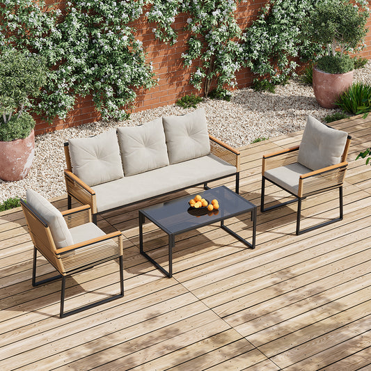 5 Seats with Indoor/Outdoor Rattan Sofa Coffee Table