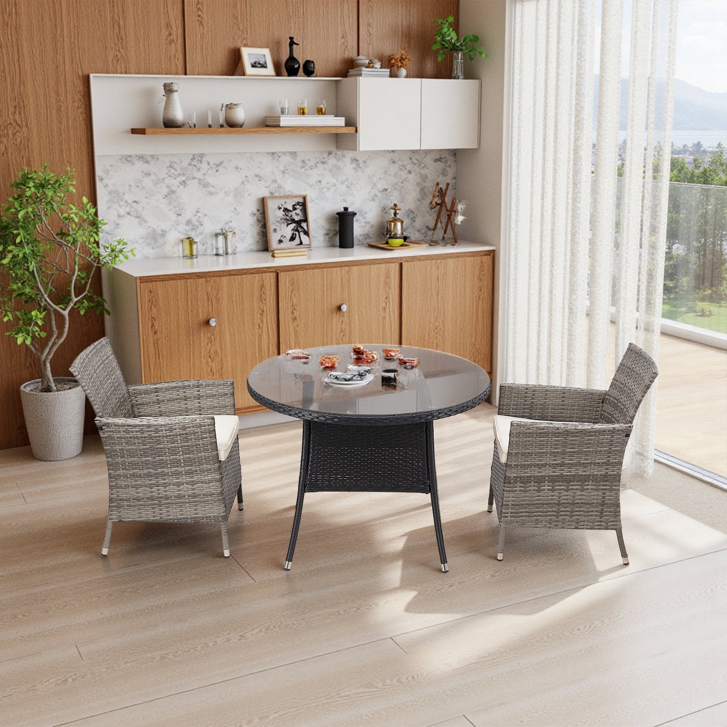 Garden Rattan Tempered Glass Top Round Table with Parasol Hole