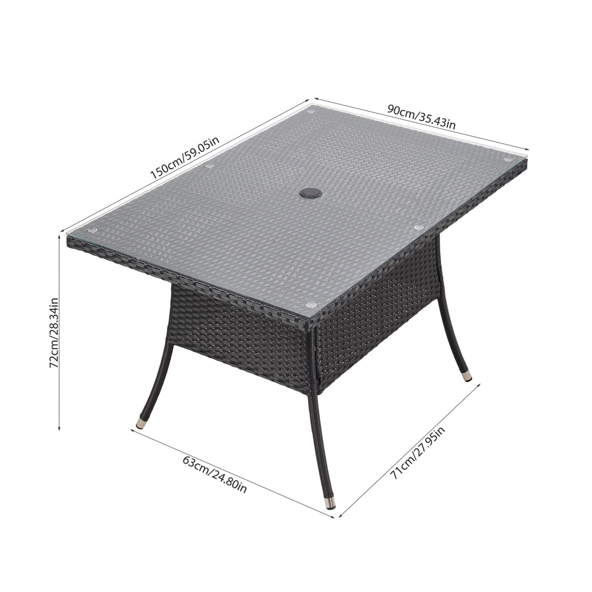 Garden Rattan Tempered Glass Top Rectangular Table with Parasol Hole