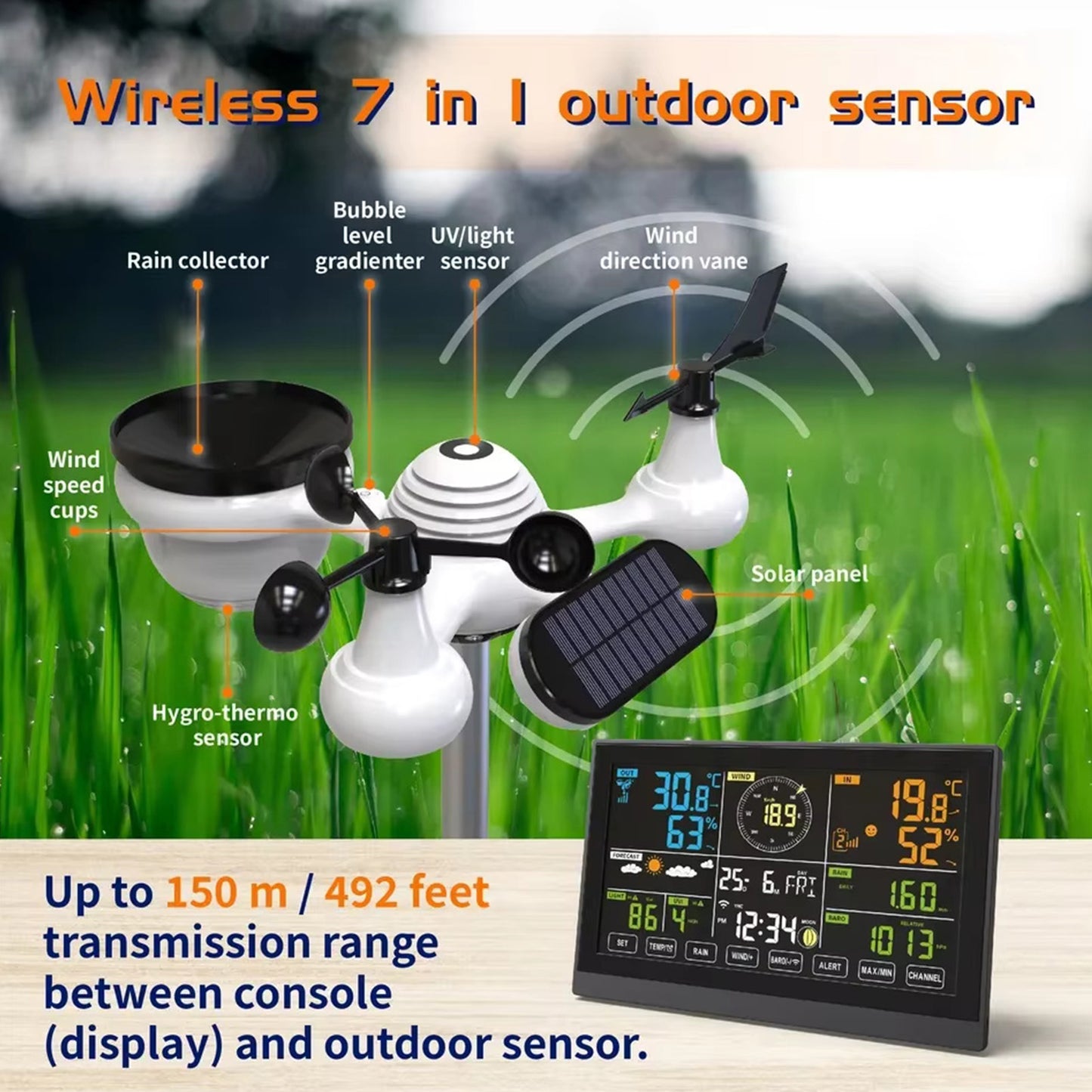 Wifi Colour Digital Weather Station with 7-in-1 Solar-Powered Outdoor Sensor