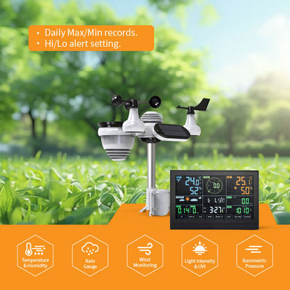 Wifi Colour Digital Weather Station with 7-in-1 Solar-Powered Outdoor Sensor