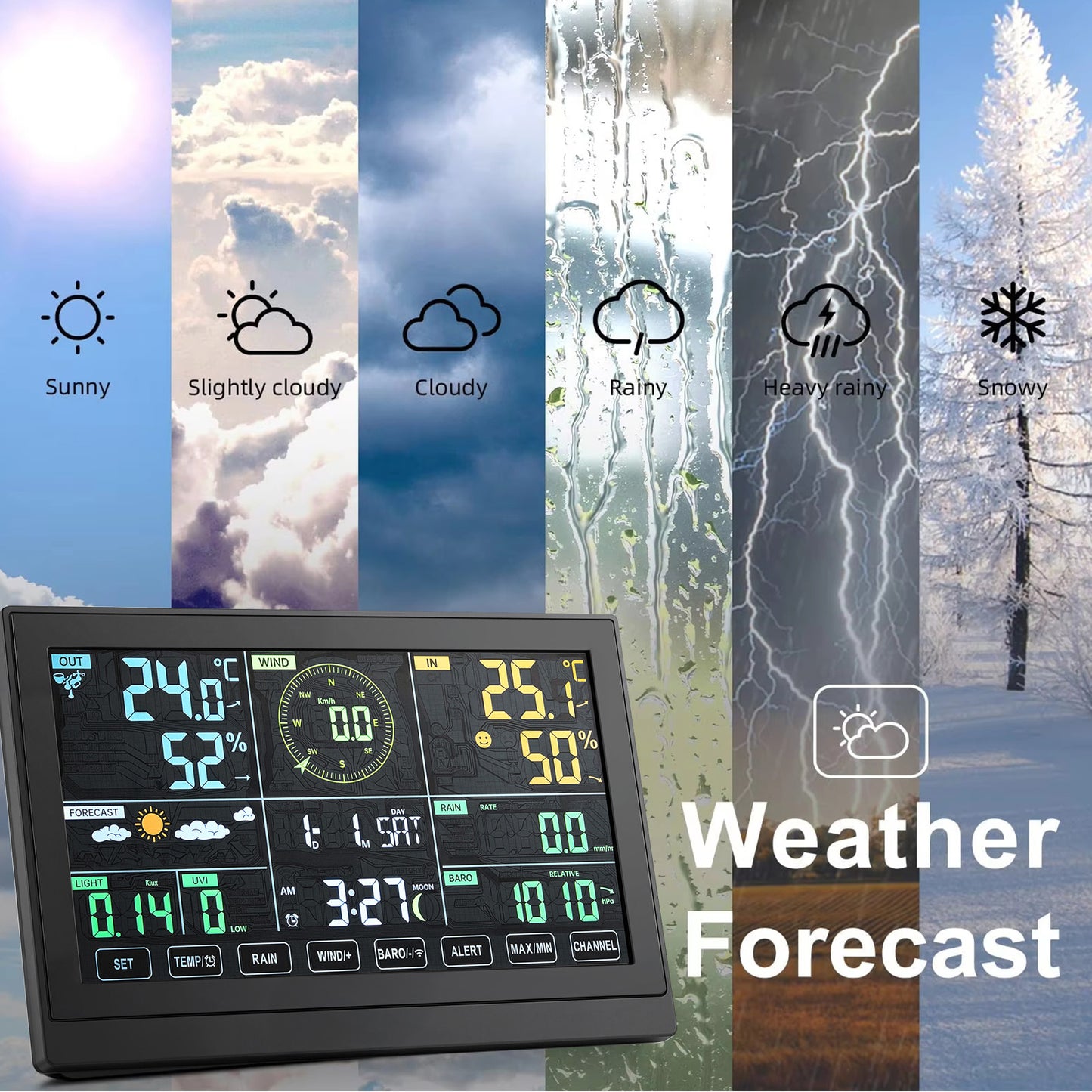 Wifi Colour Digital Weather Station with 7-in-1 Solar-Powered Outdoor Sensor