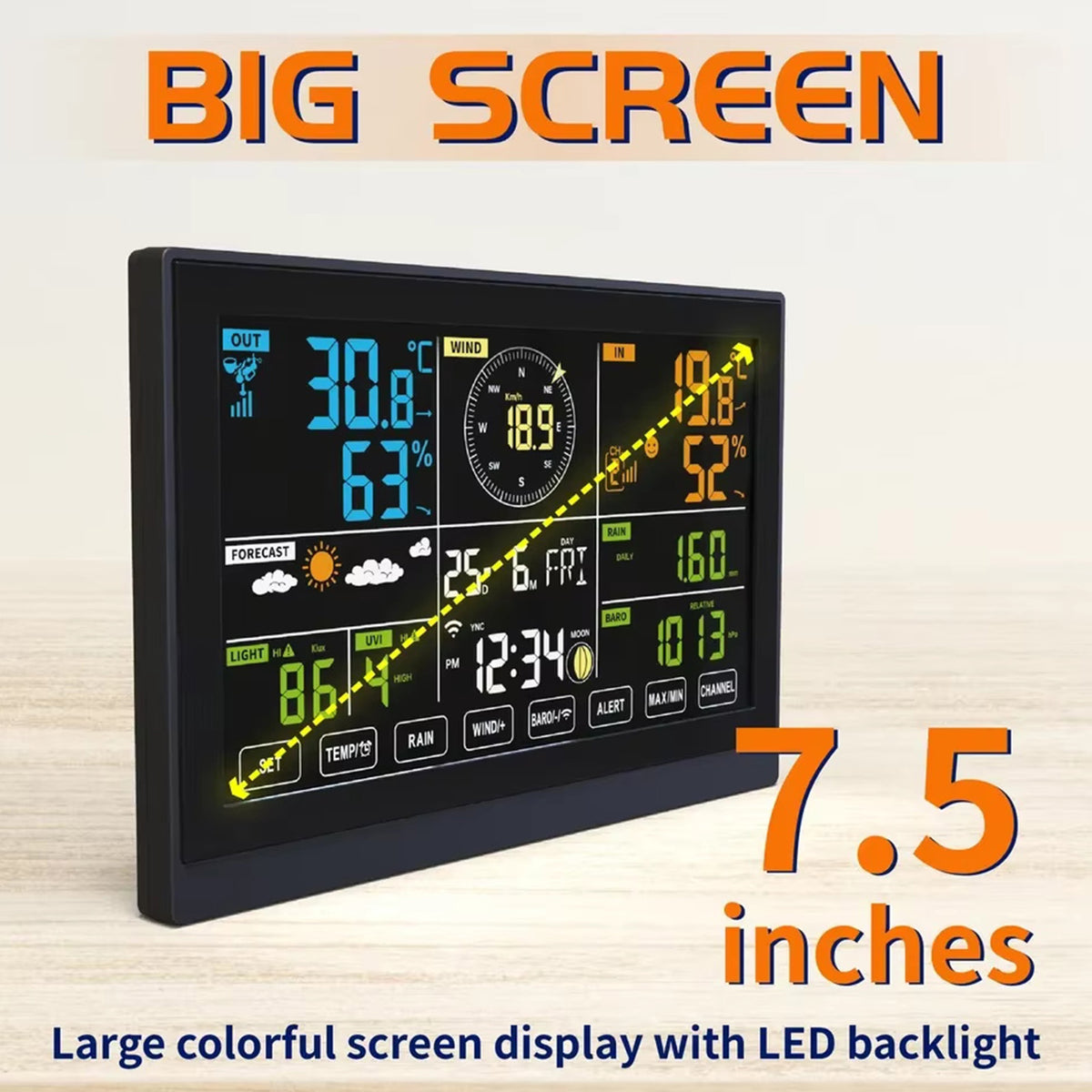 Wifi Colour Digital Weather Station with 7-in-1 Solar-Powered Outdoor Sensor