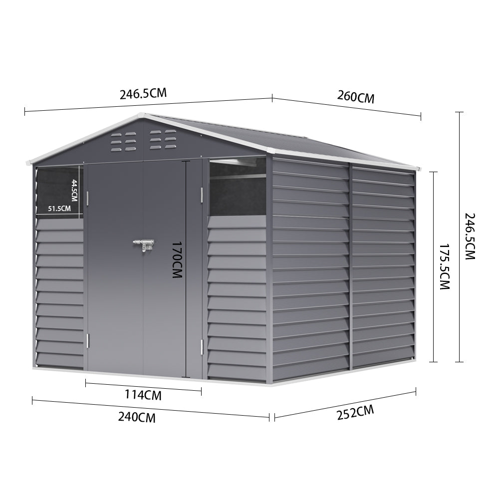 8 x 8.5 ft Charcoal Steel Garden Storage Shed with Double Doors & Windows