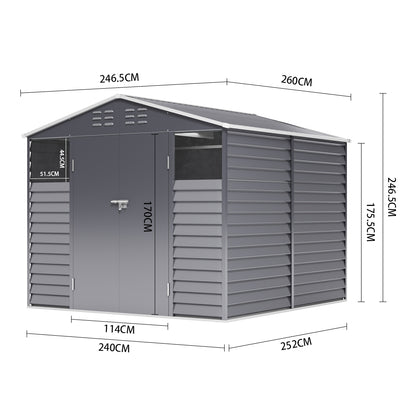 8 x 8.5 ft Charcoal Steel Garden Storage Shed with Double Doors & Windows