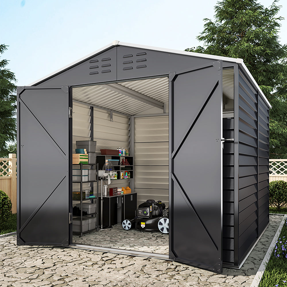 8 x 8.5 ft Charcoal Steel Garden Storage Shed with Double Doors & Windows