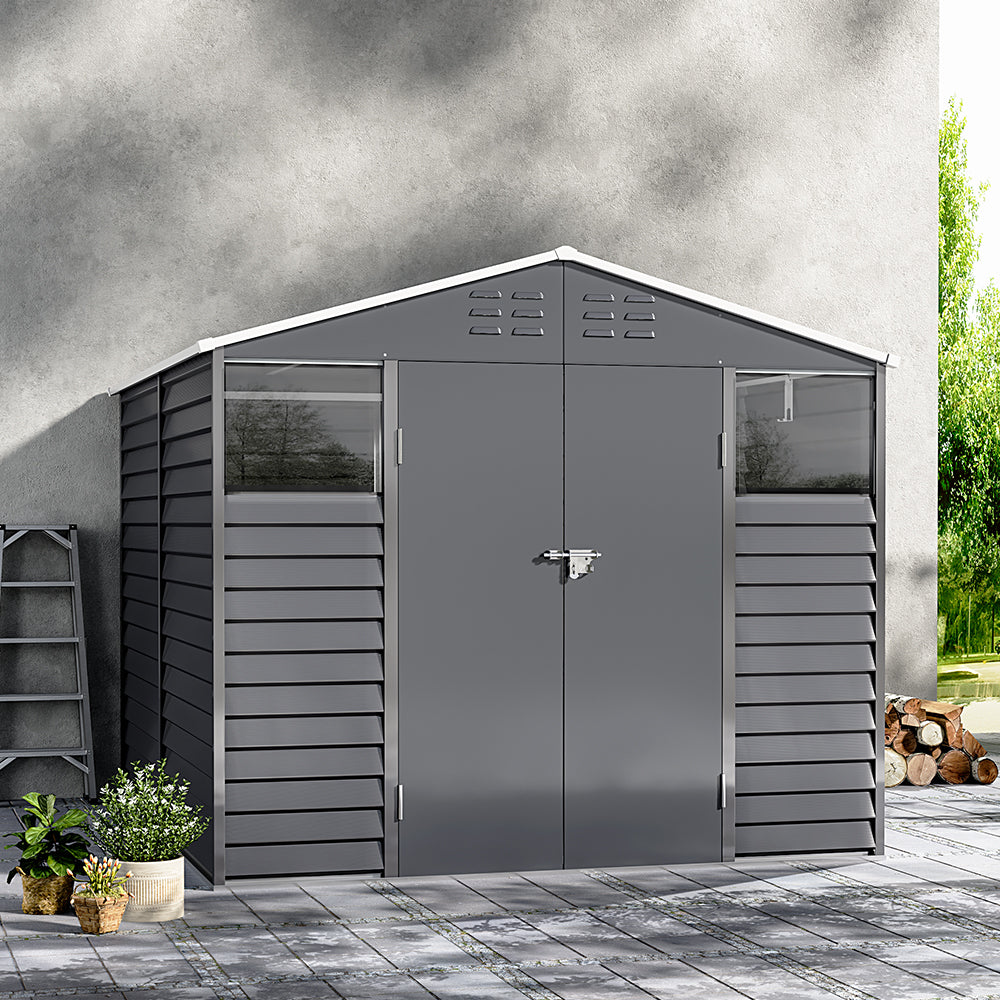 8 x 8.5 ft Charcoal Steel Garden Storage Shed with Double Doors & Windows