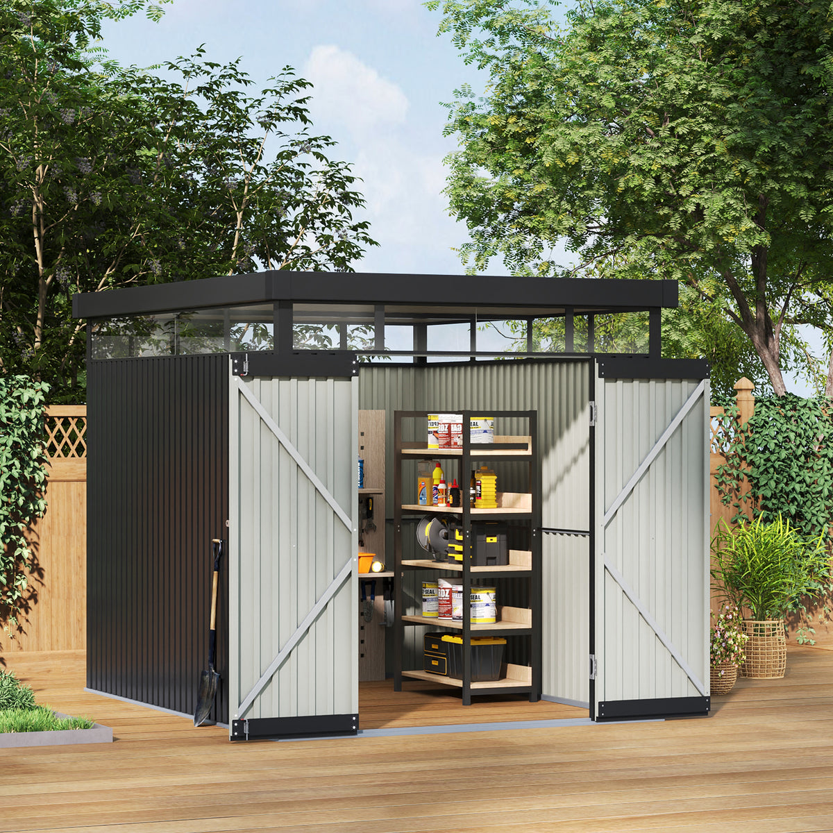 6.5 x 8.5 ft Metal Garden Storage Shed with Flat Roof & Double Doors