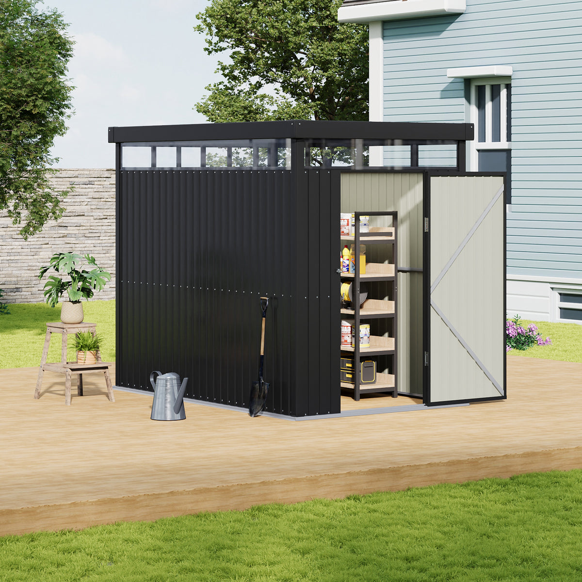 162cm Wide Metal Garden Storage Shed with Flat Roof & Lockable Door