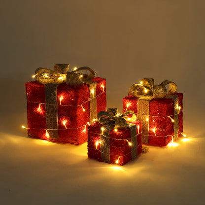 Set of 3 Light-Up Square Christmas Gift Boxes Glitter Presents Decoration