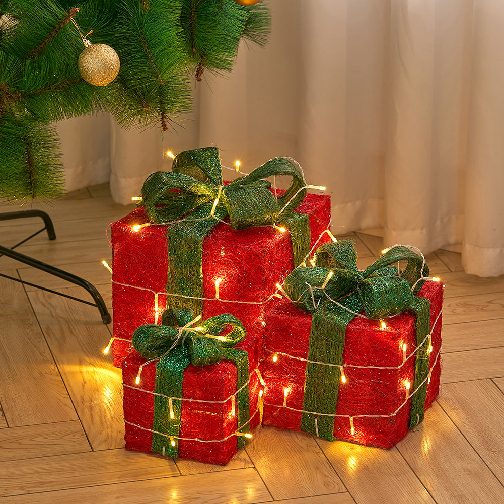 Set of 3 Light-Up Square Christmas Gift Boxes Glitter Presents Decoration
