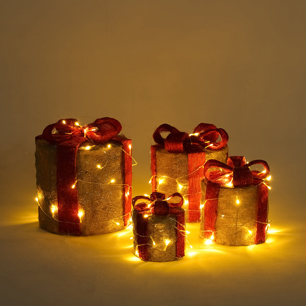 4Pcs Christmas Gift Box Decorations with LED String Lights