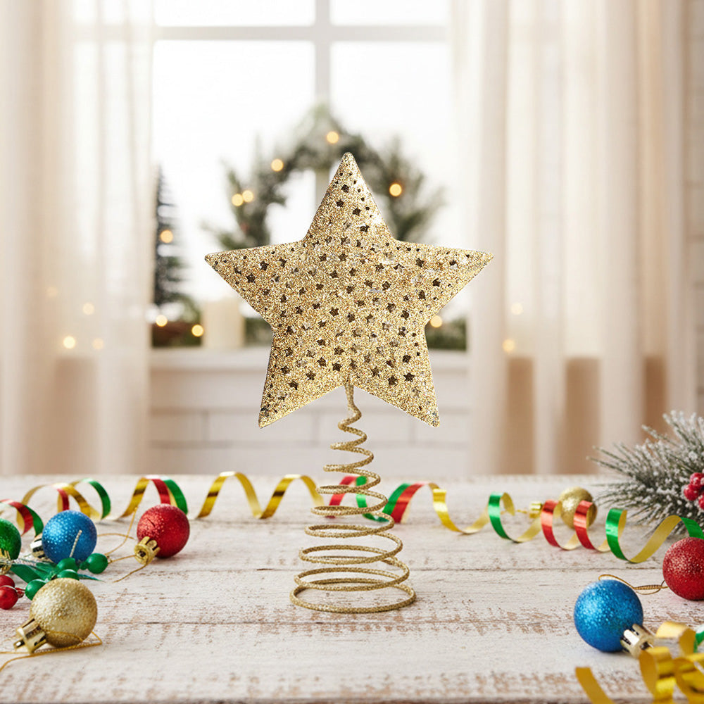Christmas Tree Star Topper Golden Glitter Ornaments Home Party Decor