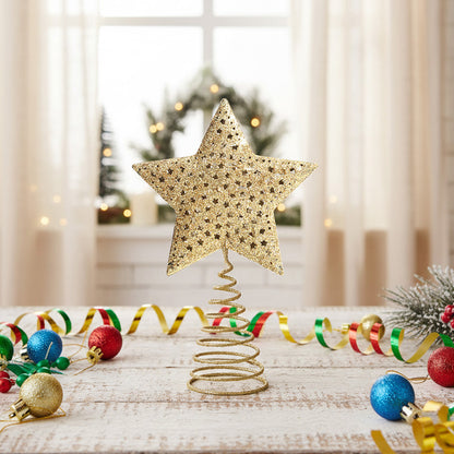 Christmas Tree Star Topper Golden Glitter Ornaments Home Party Decor