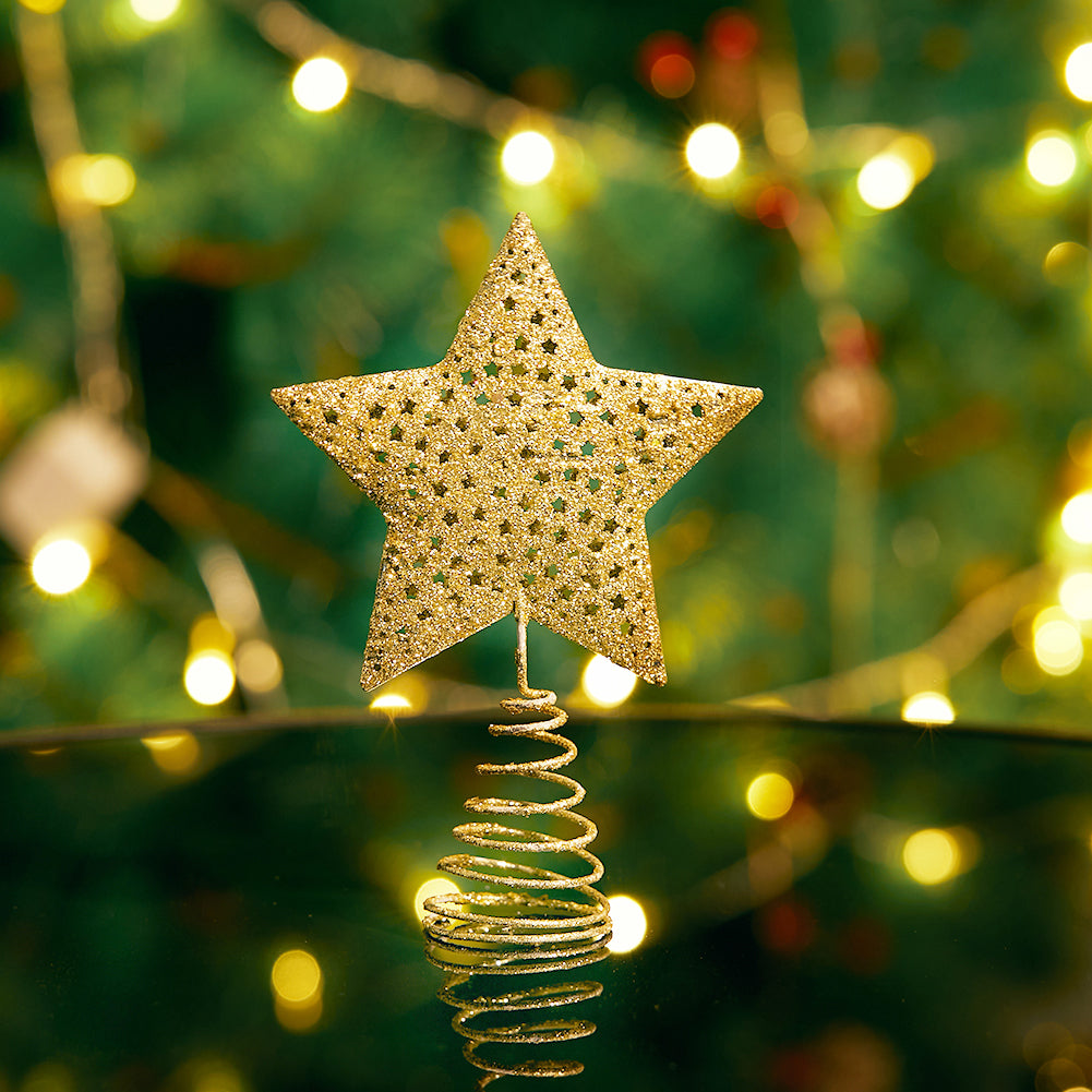 Christmas Tree Star Topper Golden Glitter Ornaments Home Party Decor
