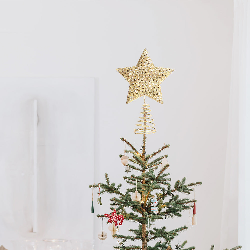 Christmas Tree Star Topper Golden Glitter Ornaments Home Party Decor