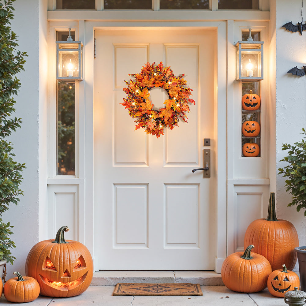 Lighted Maple Leaves Rattan Wreath with Berries Autumn Decor