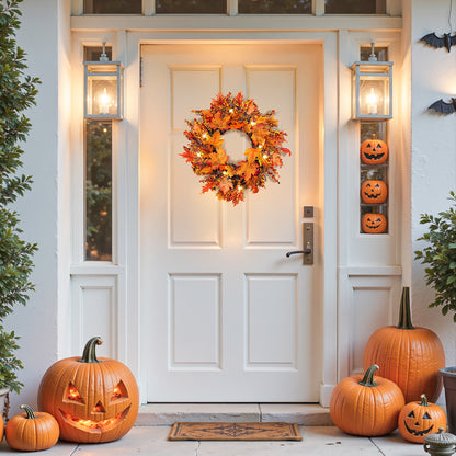 Lighted Maple Leaves Rattan Wreath with Berries Autumn Decor