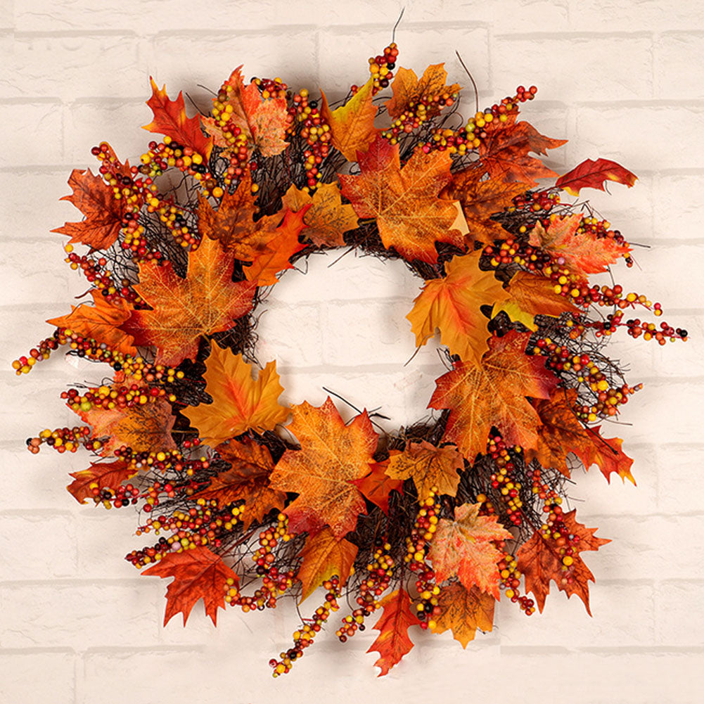 Lighted Maple Leaves Rattan Wreath with Berries Autumn Decor